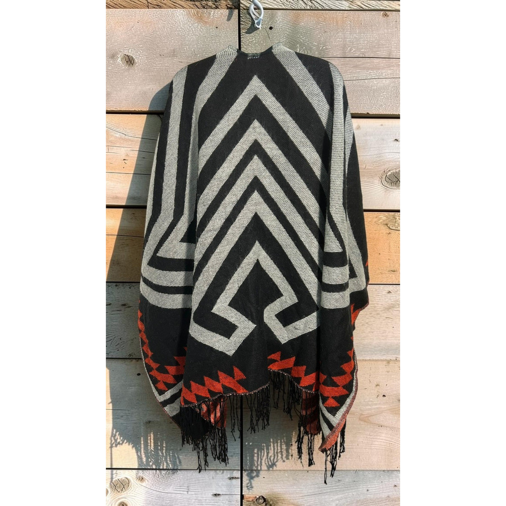 Express Blanket Scarf Poncho Red Black Fringe Wrap One Size Warm Western - Picture 3 of 4